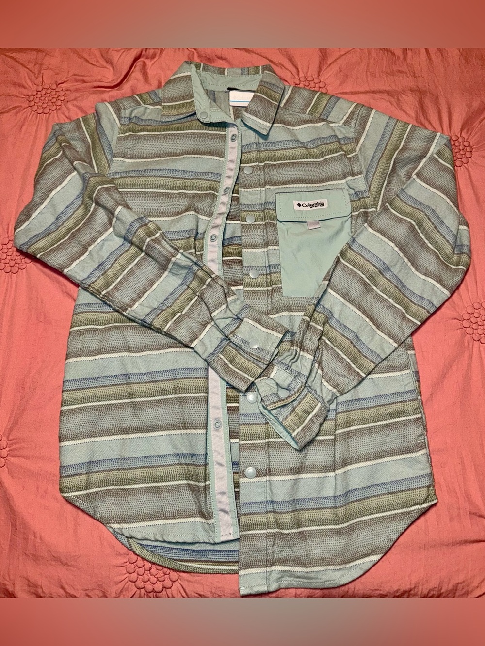 Columbia Casual Striped Button-Up Shirt — Light Green/Blue